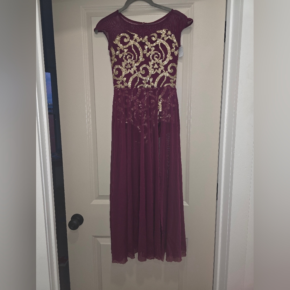Weissman Burgundy & Gold Sequin Brocade Dance dress, W/ Leg Slit